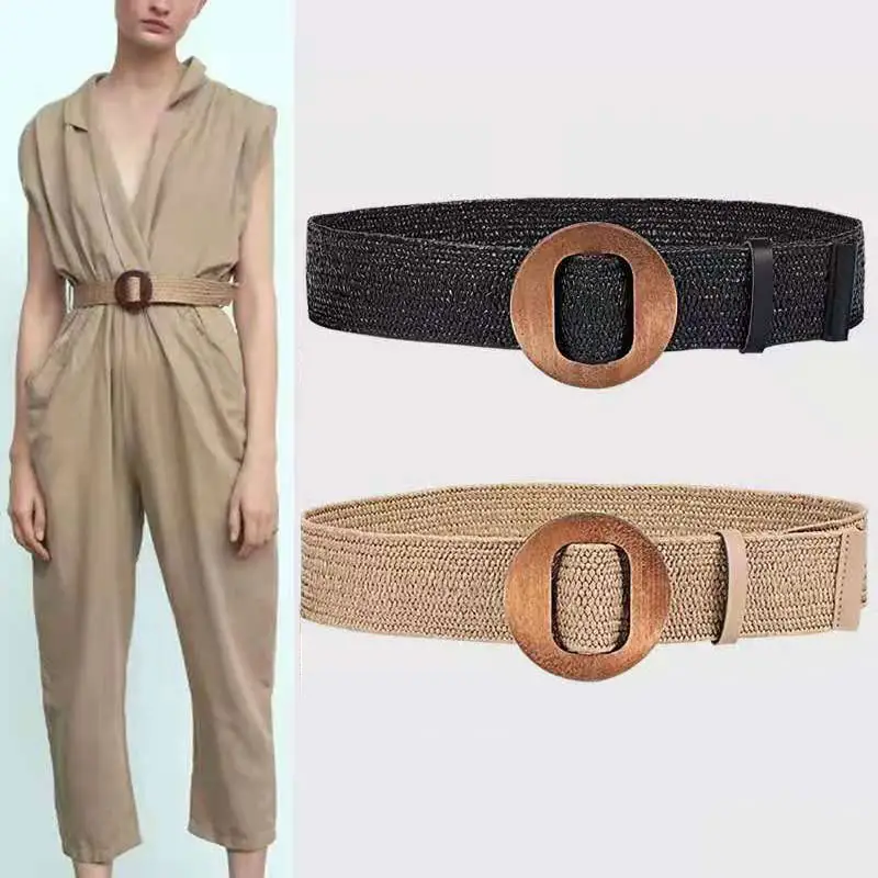 Boho Bện Eo Bằng Gỗ Vòng Khóa Lông Unisex Phong Cách Phương Tây Rơm Giả Thắt Lưng Rộng Tất Cả Các Phù Hợp Với Thắt Lưng Dệt