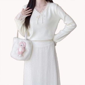 Camiseta Interior de Mujer con Lazo Rosa, Diseño de Encaje con Cuello en V, Suéter de Punto Informal, Camiseta Interior de Punto Cálida para Invierno - Product Image 3