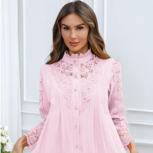 Blusa de Encaje Elegante y Sencilla Estilo Coreano para Mujer, Primavera/Verano 2026, 100% Algodón, Manga Larga, Tejida, Disponible en EE. UU. - Product Image 1