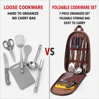 Sac de rangement portable pour ustensiles de cuisine d'extérieur, étanche en Oxford, ensemble de 7 couverts en acier inoxydable pour camping