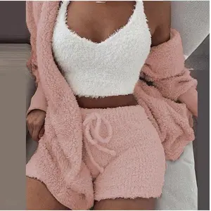 Pemasok Dropshipping Knit Fuzzy Pakaian Tidur Velour Loungewear Celana Pendek Set Velvet 3 Piece Lounge Wear Set Piyama untuk Wanita Set