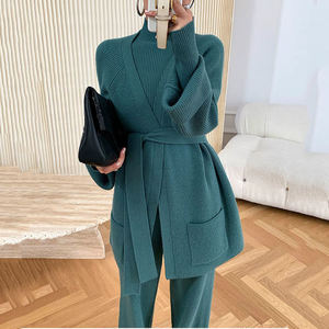 2022 invernale nuovo Design Pullover a collo alto a maglia Cardigan a maniche lunghe pantaloni larghi 3 set maglione da <span class=keywords><strong>donna</strong></span> - Product Image 4