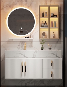 Tocador de baño moderno, mueble con efecto piedra blanca, personalizado, doble lavabo - Product Image 3