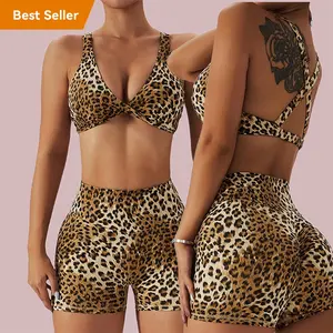 Sexy Leopard Pattern reggiseno sportivo a vita alta Butt Lift Shorts Leggings 2 pezzi palestra Fitness set allenamento indossare vestiti da Yoga per le donne