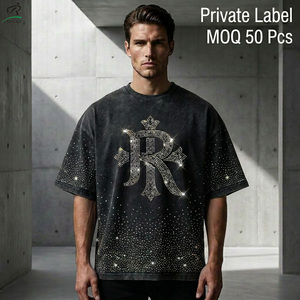 T-shirt Oversize da Uomo in Cotone 100% 300GSM Pesante con Logo Personalizzato, Vestibilità Boxy, Strass e Lavaggio Acido <span class=keywords><strong>Vintage</strong></span> per <span class=keywords><strong>Streetwear</strong></span> - Product Image 2