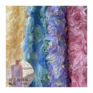 تصميم جديد 3d شريط تطريز وردي متعدد الألوان قماش مطرز لفستان قماش دانتيل وردي