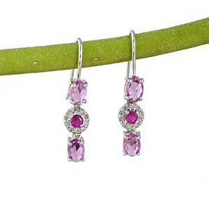 Boucles d'oreilles pendantes en saphir rose naturel, rubis et diamants, argent sterling 925, bijoux fins, fournisseur en gros OEM ODM - Product Image 1