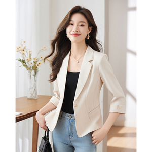 Women's Apricot Colored Summer Thin Blazer 3/4 Sleeve Solid Color Breathable Polyester Women's Blazers - Product Image 4
