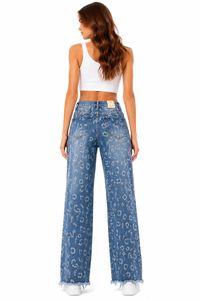 Jeans da Donna a Vita Alta e Gamba Larga con Stampa Paisley, Blu Stonewashed a Tutta Lunghezza - Product Image 2