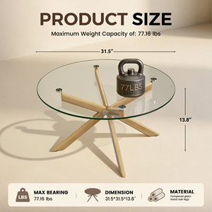 Table basse en verre trempé avec pieds en bois massif, meubles de salon modernes, durables et multifonctionnels - Product Image 6