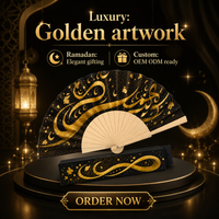Éventail pliant en bois personnalisé de 23 cm, calligraphie arabe, éventail à main noir et or, cadeau islamique pour le Ramadan et l'Aïd