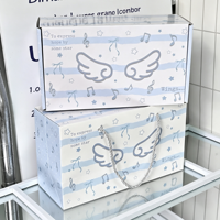 Coffret Cadeau Ailes d'Ange Bleu Clair avec Sac Cadeau Assorti Rayé Étoile Note de Musique – Emballage Portable pour Anniversaire et Baby Shower