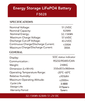 Batterie LiFePO4 Powerwall 51,2 V CC 628 Ah 32,15 kWh, 8000 cycles, durée de vie de 15 ans, système de stockage d'énergie solaire domestique