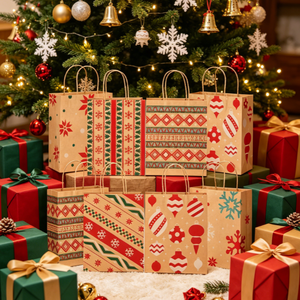 Sacs cadeaux de Noël en papier kraft brun écologiques, imprimés flocons de neige géométriques classiques, sacs fourre-tout pour le shopping, emballage cadeau - Product Image 5