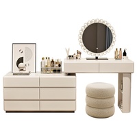 Commode de chambre vintage en bois massif style crème avec tiroirs intégrés, coiffeuse multifonctionnelle avec chaise et miroir éclairé