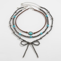 Collier à breloque nœud en résine style Bohème occidental pour femme, style superposé, chaîne à billes imitation turquoise, mode Y2K Sweet Grunge