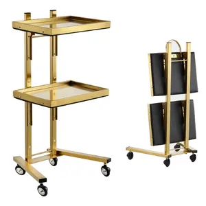 2023 JIYOU Portable gold folding trolley beauty salon stainless steel 2 tray 4 universal wheels rolling
