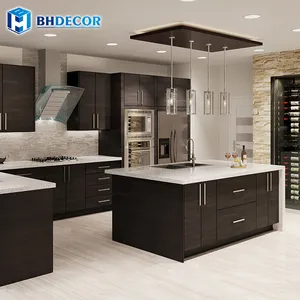 Kabinet dapur elektrik gaya Amerika, pernis Coklat Hitam Putih emas dan noda warna gelap cokelat lemari dapur Modern