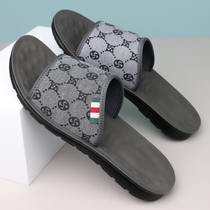 Men's Summer Casual <b>Slides</b> Lightweight Beach Sandals Korean Style Slip-On Shoes Gray Brown Youth Trendy Embossing Logo - Product Image 2