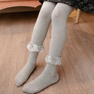 Leggings moulants en dentelle évasée pour filles, bas tricotés à pieds pour enfants, collants en coton peigné pour bébé - Product Image 5
