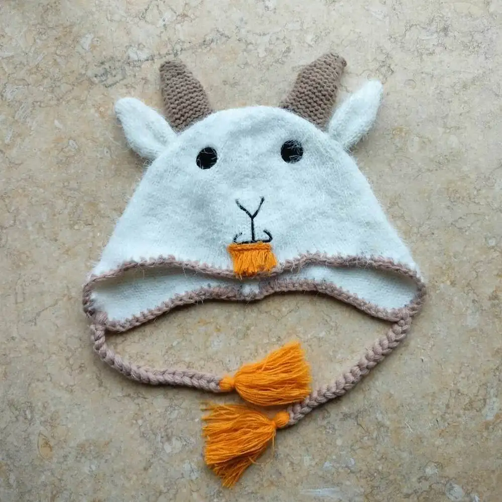Gorro de punto de lana de Islandia acrílico 100% hecho a mano personalizado para niños, bonitos gorros de animales de dibujos animados con trenza