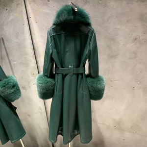 Yüksek kalite uzun kürk ceket koyu yeşil koyun kadınlar için DERİ CEKETLER uzun deri mont - Product Image 2