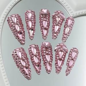 Uñas postizas acrílicas de lujo hechas a mano con pedrería, forma almendrada, diseño 3D de cobertura completa con puntas francesas, precio de fábrica al por mayor - Product Image 1
