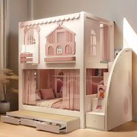 Lit superposé moderne en bois massif en forme de château bleu et rose avec échelle, rangement et main courante