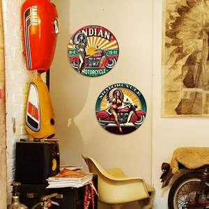 Ensemble de panneaux métalliques ronds vintage <span class=keywords><strong>Indian</strong></span> Motorcycle, décoration murale rétro pour <span class=keywords><strong>garage</strong></span>, bar, atelier automobile, ou décoration de man cave. - Product Image 4