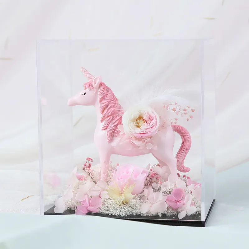 Unicorn Birthday Gift Stabilized Flower Preserved Roses in Acrylic box Artificial+Flower ideal Valentines Day present for girl