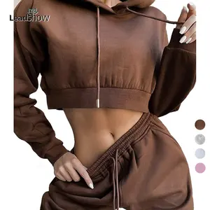 Logo Kustom Kualitas Tinggi Kasual Kosong Wanita Jogger Cropped Tops Hoodie 2 Pieces Kaus 100% Katun Hoodie Olahraga Set