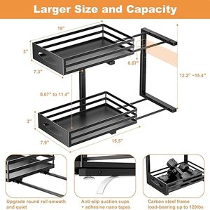 Organiseur <span class=keywords><strong>sous</strong></span> évier à roulettes lisses, 2 niveaux, hauteur extensible, tiroir coulissant pour armoires de cuisine et de salle de bain - Product Image 3