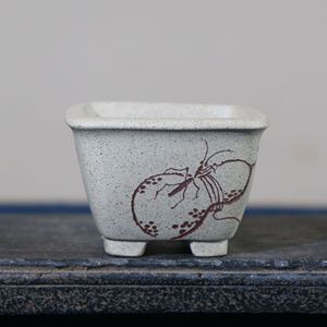Pot de fleurs carré en argile blanche Zisha, motif calebasse et mante religieuse sculpté, esthétique zen, fait main - Product Image 1