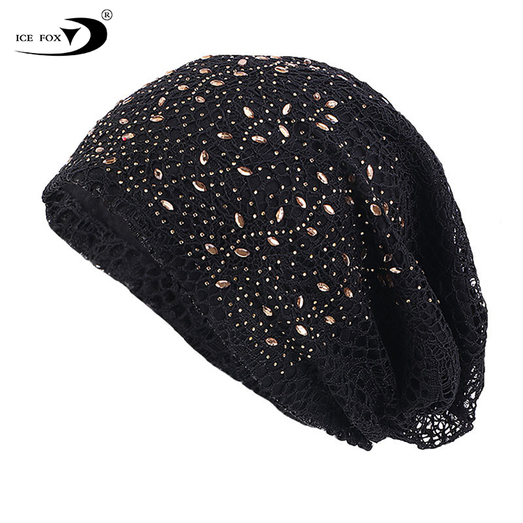 Top Selling Custom Women Winter Cotton Hollow Lace Thermal Slouch Beanie Hats