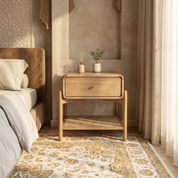 Table de Chevet en Bois de Teck Massif avec Étagère en Rotin, Meuble de Rangement de Luxe pour Chambre à Coucher de Villa aux Émirats Arabes Unis et en Arabie Saoudite, Anti-Fissuration