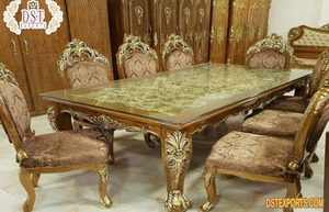 Juego de mesa de comedor antigua de oro blanco, muebles de comedor de aspecto Vintage europeo, mesa de comedor tallada de madera tradicional - Product Image 4