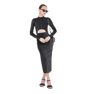 ब्लैक क्लिटरी बाउजी फैब्रिक लंबी आस्तीन वाली सुरुचिपूर्ण पोशाक बेली डिटेल के साथ फिटेड लंबी आस्तीन वाली बाउजी फैब्रिक सुरुचिपूर्ण निमंत्रण पोशाक
