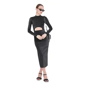 Vestido elegante de tecido Bouzi preto de manga comprida com detalhes de barriga, vestido elegante de tecido Bouzi de manga comprida para convite