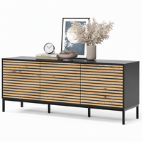 Meuble TV à larges lattes effet chêne, meuble bas à ouverture par pression, cadre anthracite, pieds métalliques, console multimédia pour salon avec 3 tiroirs
