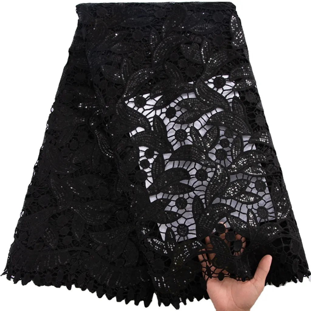 Guipure Lace Fabric Black African Lace Fabric With Stones Nigeria Quality Fabric Decoration For Wedding Dress 3132