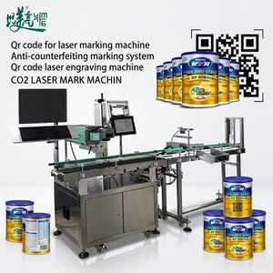 Machine de marquage laser CO2 avec dispositif autofocus pour canettes de lait en poudre, lecture de codes QR, rejet des défauts, conforme aux règles de codage Chestny Znak - Product Image 1