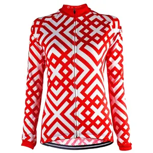 HIRBGOD女式长袖骑行运动衫红方白色主题自行车手冬装肋骨骑行运动衫