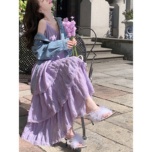 French Style Purple Lace Maxi Dress One Shoulder Breathable Summer Beach Cover Up For Vacation Leisure - Product Image 1