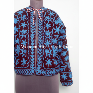 Veste en velours pour femme, broderie indienne Suzani faite à la main, col montant, broderie florale, rembourrage en coton, décoration boutonnée, printemps - Product Image 1