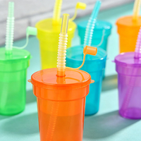 Gobelets de fête en plastique PP néon de 380 ml avec couvercle et paille spirale flexible pliable, empilables et réutilisables pour la plage et les fêtes
