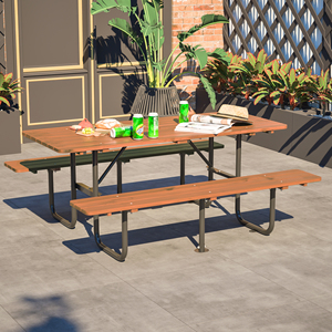 72 In Rectangular Outdoor Picnic <b>Table</b> With Built In Benches Heavy Duty Wooden Dining Set For 6 Person - Product Image 1
