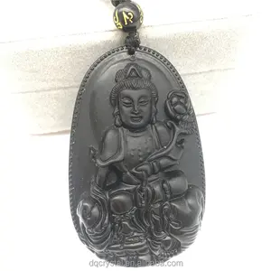 Natural black obsidian guanyin Buddha carved lucky amulet polished pendant necklace obsidian dragon pendant for sale