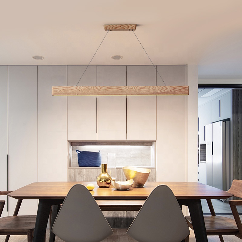 Nordic Wood Pendant Lights LED Modern Pendant Lamps For Dining Living Room Kitchen Office Shop Bar Cafe Long Strip Hanging Lamp