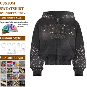 Sudadera con Capucha Extra Grande para Hombre, Estilo Vintage, Lavada, con Pedrería Bordada, Diseño Holgado, para Ropa Urbana, Proveedor OEM - Product Image 1