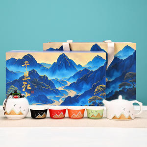 Juego de Té Kung Fu Creativo y Cultural, Caja de Regalo con Tetera y Cuatro Tazas de Cerámica, Recuerdo con Diseño de Mil Millas de Ríos y Montañas - Product Image 1